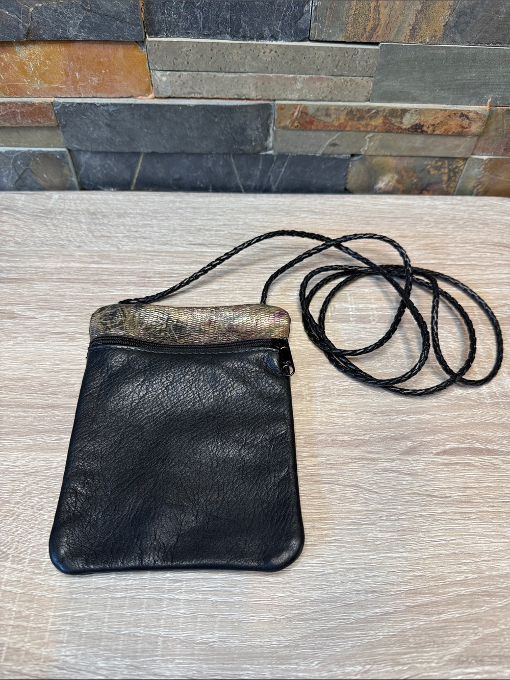 Borelli Black Leather Crossbody Bag with Metallic Accent. Great for cruises!